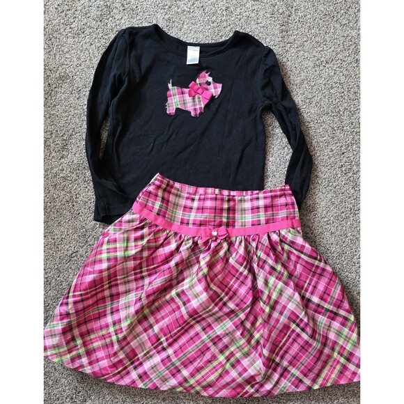 Gymboree Girls Size 7  Skirt Set Holiday Plaid Winter Pink Black Dog Christmas - Picture 1 of 10